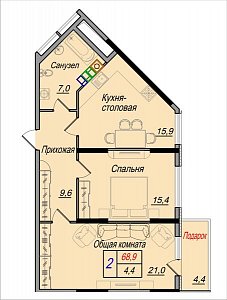 2 комнатная квартира 68,9м²