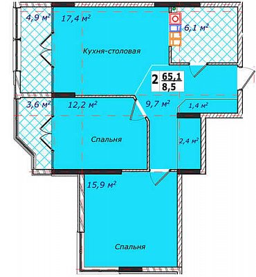 2 комнатная квартира 65,1м²