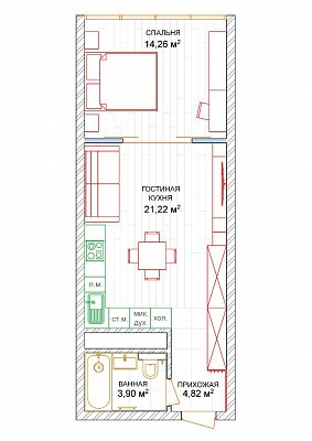 1 комнатная квартира 44,5м²