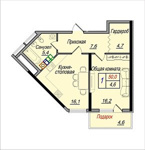 1 комнатная квартира 50м²