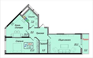 2 комнатная квартира 83,8м²