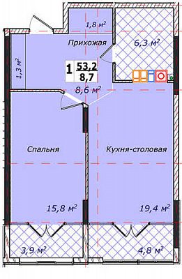 1 комнатная квартира 53,2м²