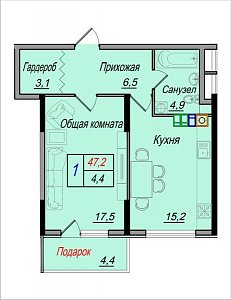 1 комнатная квартира 47,2м²
